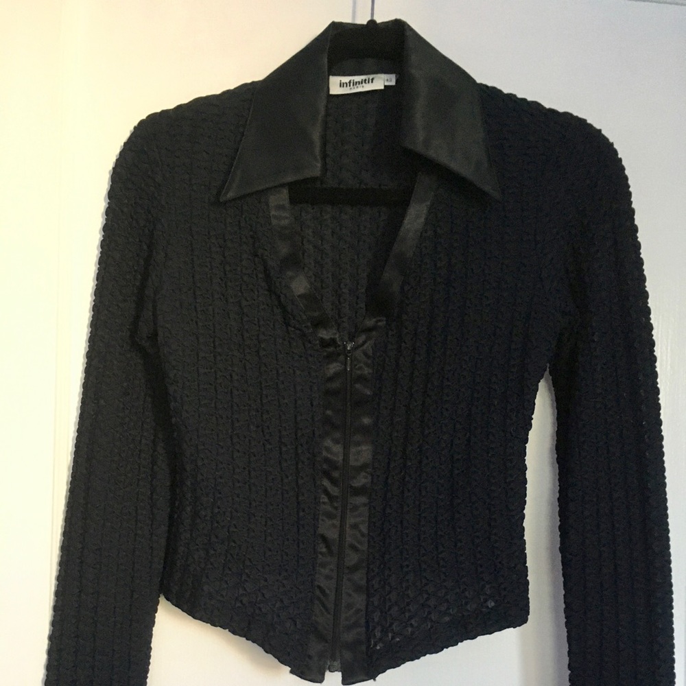 70s Style Popcorn Zipper V Neck Blouse